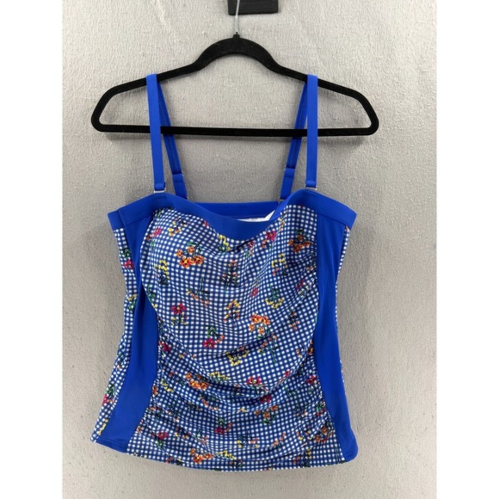 Lands End Tankini Top Womens 12 Bandeau Swimsuit Gingham Botanical Check UPF 50